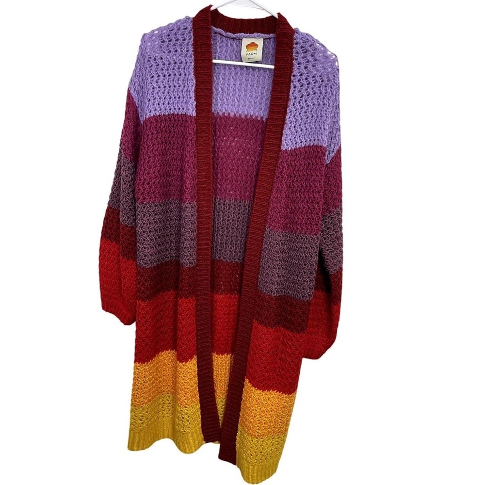 Farm Rio Patch Twirl Striped Long Rainbow Knit Cardigan Size M/L Boho Oversized